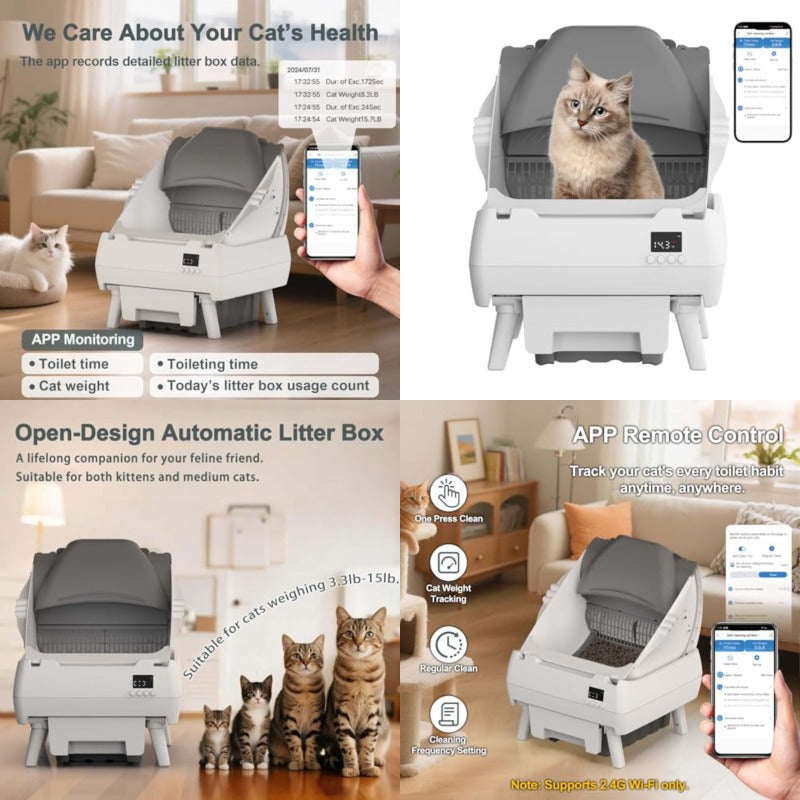 Automatic Cat Litter Box Self Cleaning Control OpenDesign Smart Health Monitor Suitable For Medium Cats And Kittens AntiPinch Safety Quiet Operation A Trusted Companion For Life White