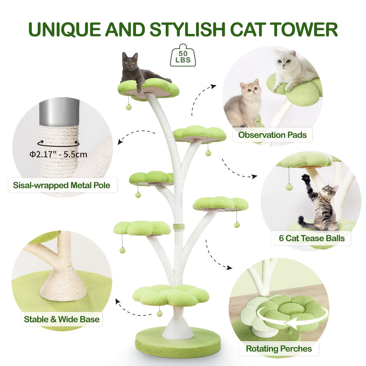 Sturdy Petal-Shaped Cat Tree Tower with Multi-Level Perches, Scratching Posts & Hanging Toys - Perfect for Cats to Climb, Play & Rest, Cat Tree Tower for Large Cats