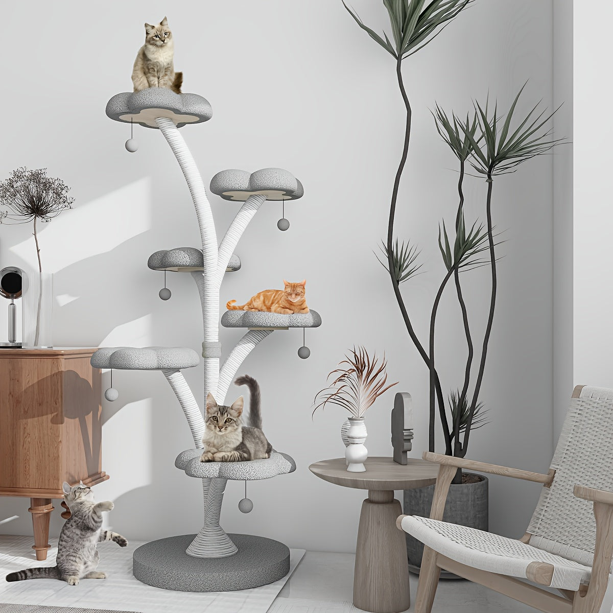 Sturdy Petal-Shaped Cat Tree Tower with Multi-Level Perches, Scratching Posts & Hanging Toys - Perfect for Cats to Climb, Play & Rest, Cat Tree Tower for Large Cats