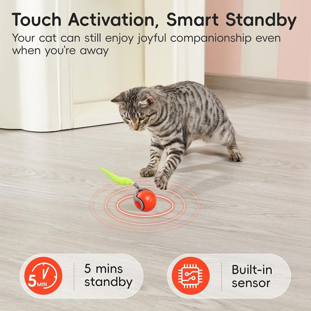 Potaroma Smart Self-Moving Cat Toy with Feather Tail - Rechargeable Interactive Robotic Rolling Ball, Two-Speed & Touch Modes, ABS\u002F Indoor Exercise Ball for Kittens & Cats, - Autonomous Hunting Play (Orange