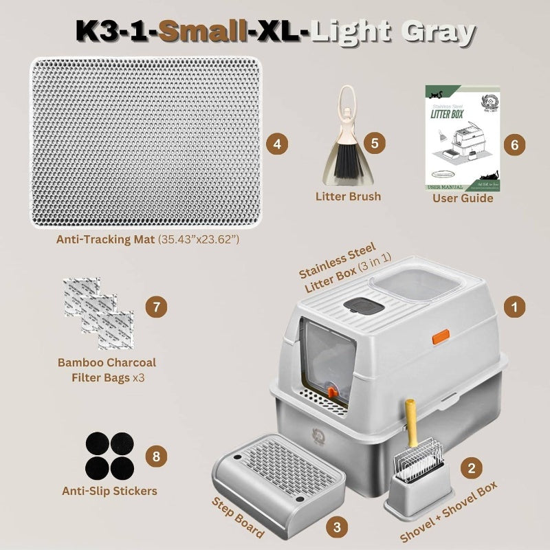 XL Large Heavy-Duty Stainless Steel Litter Box with Lid - Fully Enclosed 6-Sided Deep Tray, Leak-Proof Odor-Proof Design, Self-Cleaning Clumping Litter System (Includes Scooper Brush) for Multi- Households, Large Breeds & Cats