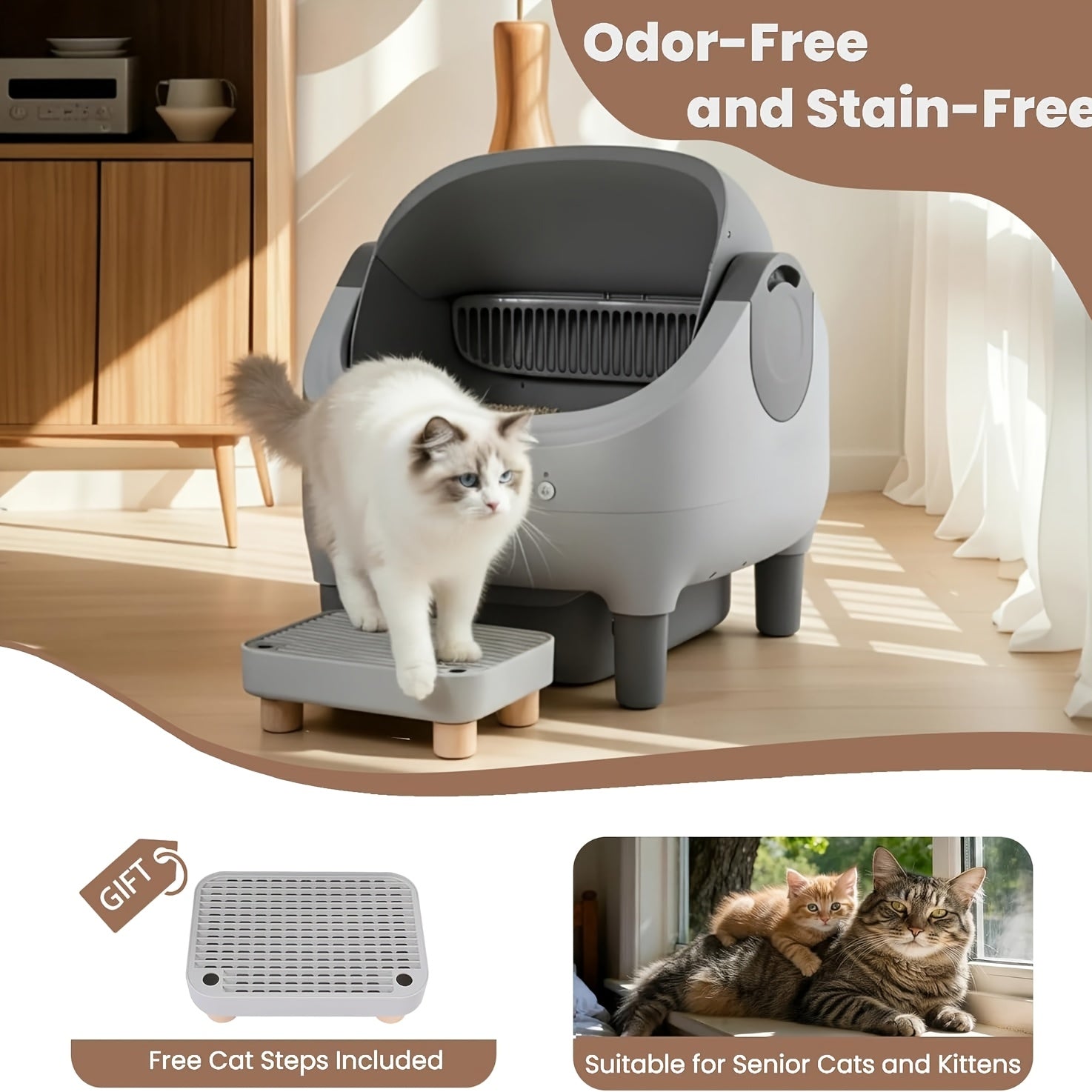 Automatic Litter Box Self Cleaning for Multiple Cats with Raised Step, Odor Control & Safety Protection & Smart App Control Health Monitoring & Quiet Operation, Open Top Large Capacity
