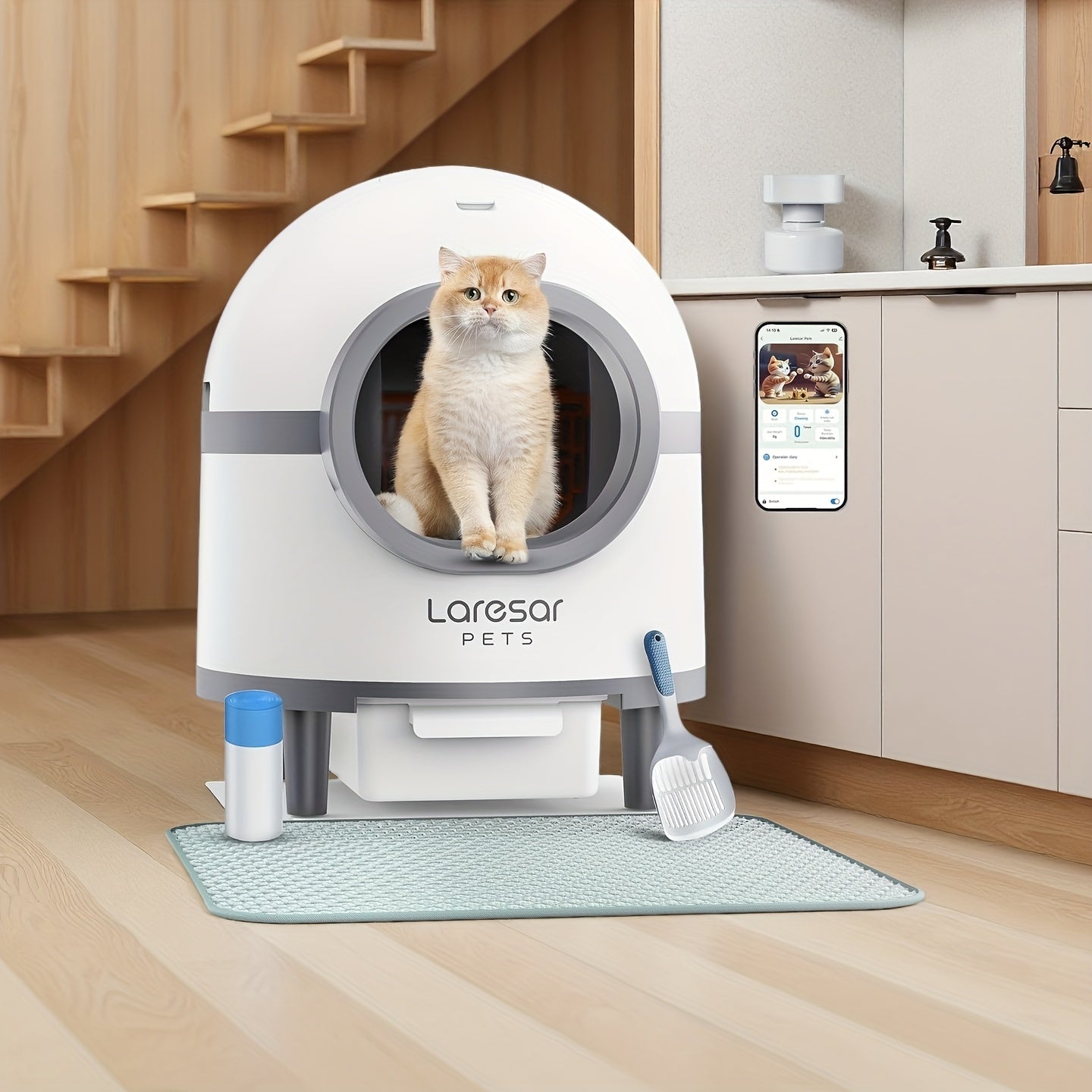 18.49gal Large Automatic Self-Cleaning Cat Litter Box with App Control, USB-Powered Smart Litter Box with Low-Noise Operation, Dual Deodorization System, Safety Sensors & -Tip Design, Includes Mat & Waste Bags - Ideal for Multi-Cat Households