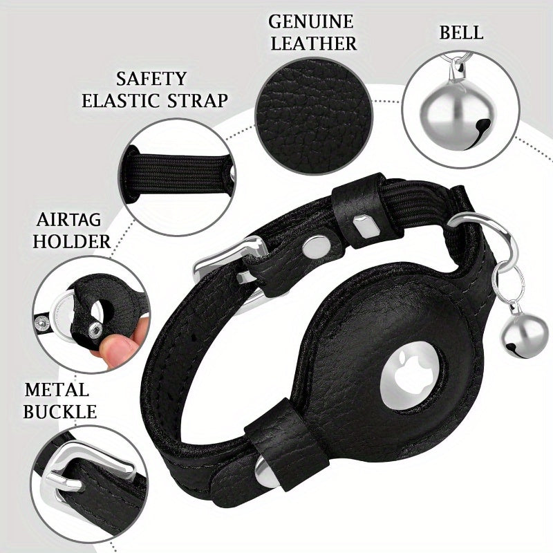 Adjustable Cat Collar with AirTag Holder - Durable Black, Non-Breakaway Bell, Comfortable Elastic Strap for Indoor\u002FOutdoor Use, Perfect for Kittens, Cat Collar for Outdoor, Indoor Pet Wear, Stylish Pet Accessory, Secure Buckle Closure