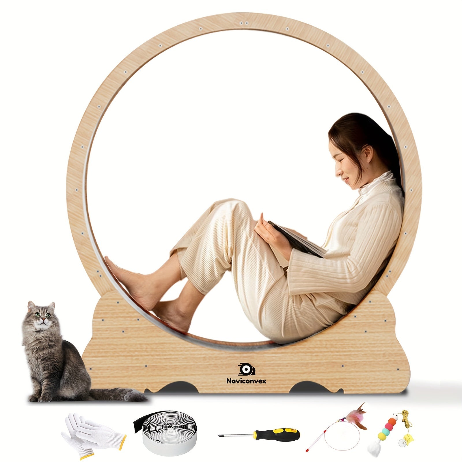Naviconvex, Cat Toy, 45-Inch Large Cat Exercise Wheel, Silent Running Wheel, Indoor Cat Treadmill, XL Wooden Cat Treadmill With Carpeted Runway, Perfect Gift For Cat Lovers