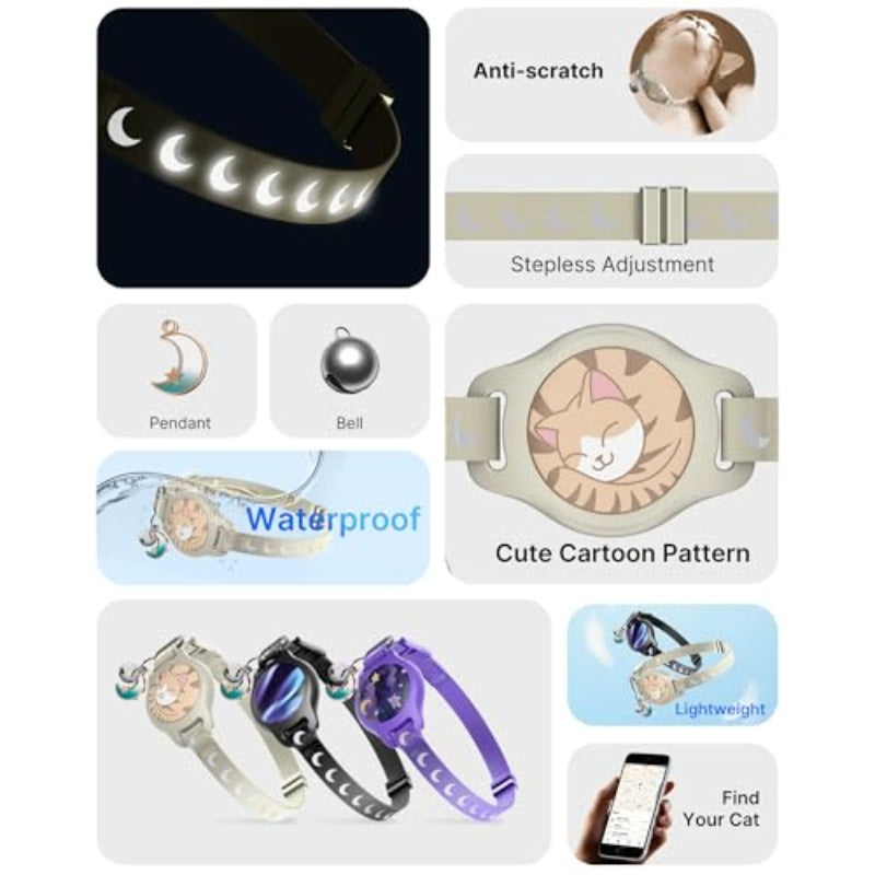 Breakaway Cat Collar with Apple AirTag Holder - Waterproof GPS Tracker, Luminous & Reflective Safety Design, Adjustable Smart Collar with Bell & Khaki Color for Indoor\u002FOutdoor Cats & Kittens (Compatible with for iphone Tracking)