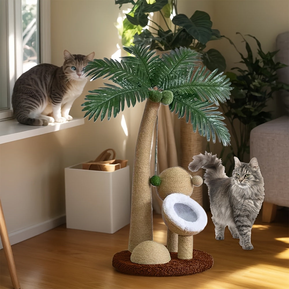Tropical Palm Tree Cat Tower with Cozy Coconut Fiber Cat House, Sisal Rope Scratching Post & Hanging Toys - Ideal Activity Center for Indoor Cats