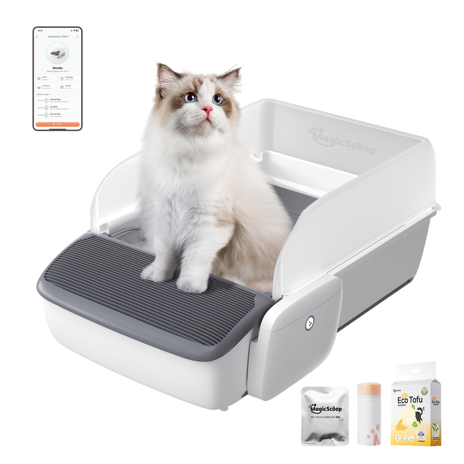 MagicScoop Self-Cleaning Litter Box, Automatic Cat Litter Box, Robot Open Top Litter Box, Scooper Free with Smart App Control, Anti-Pinch, Odor Free Waste Disposal, Spacious for Multiple Cats, Self Cleaning Litter Box for Cats, Cat Litter Box Self Cleanin