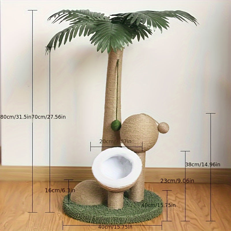 Tropical Palm Tree Cat Tower with Cozy Coconut Fiber Cat House, Sisal Rope Scratching Post & Hanging Toys - Ideal Activity Center for Indoor Cats