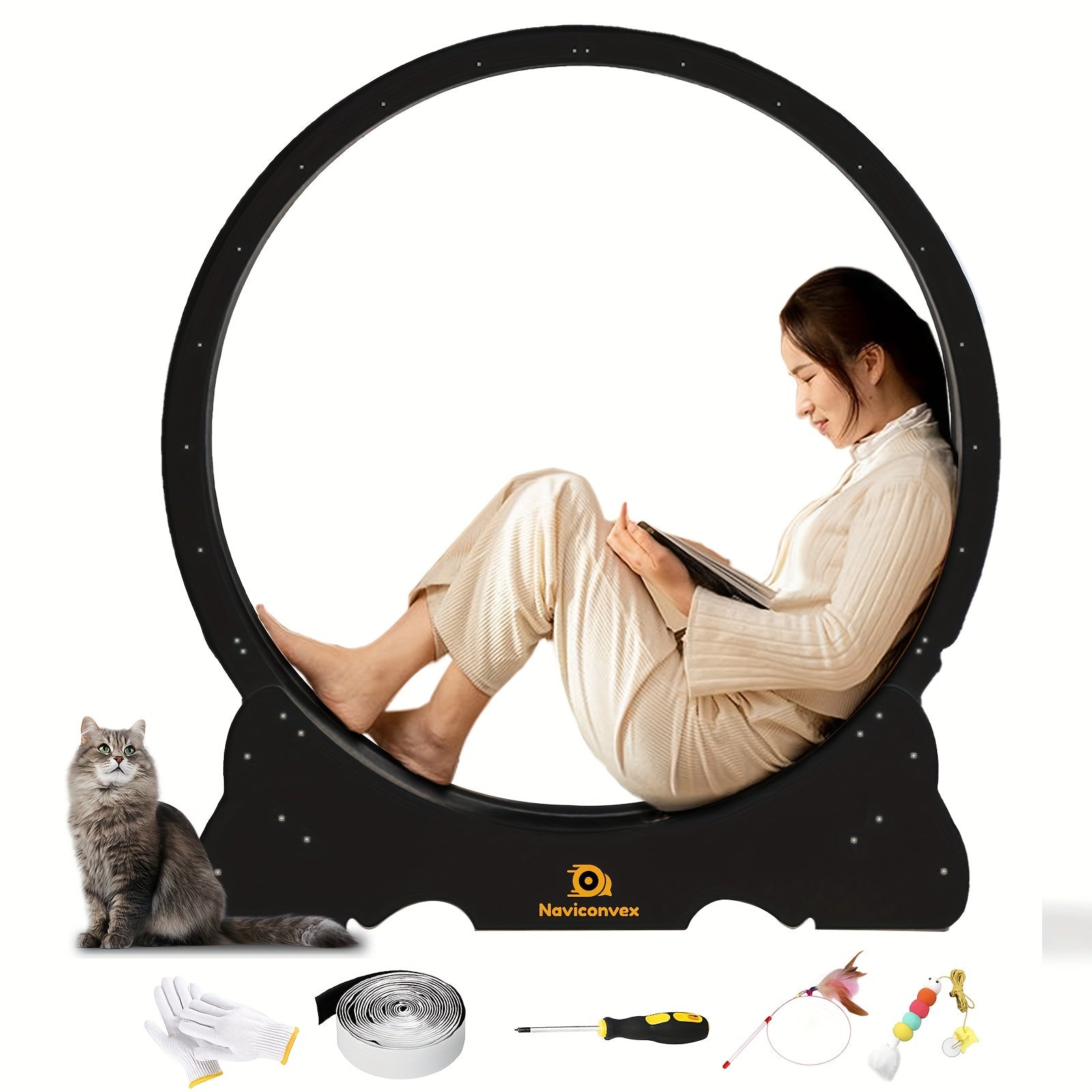 Naviconvex, Cat Toy, 45-Inch Large Cat Exercise Wheel, Silent Running Wheel, Indoor Cat Treadmill, XL Wooden Cat Treadmill With Carpeted Runway, Perfect Gift For Cat Lovers