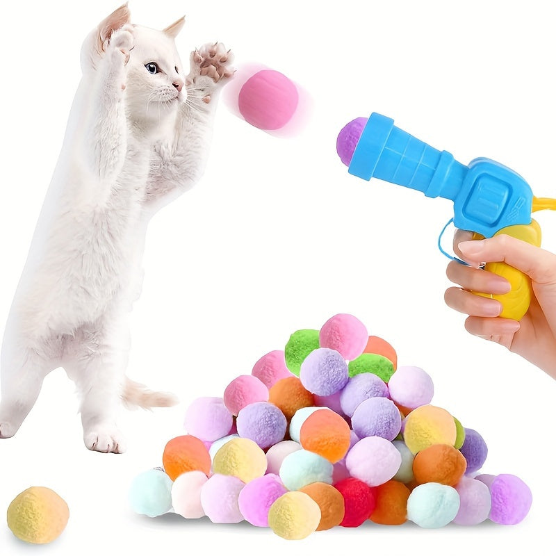 Cat Toy Launcher with 100 Fluffy Plush Balls - Interactive Exercise Toy for Indoor Cats, Soft Fabric Balls to Build Bonding & Trust, No Batteries Needed, Safe for Kittens & Small Breeds, Cat Playtime Essentials, Playful Design, Launcher Included