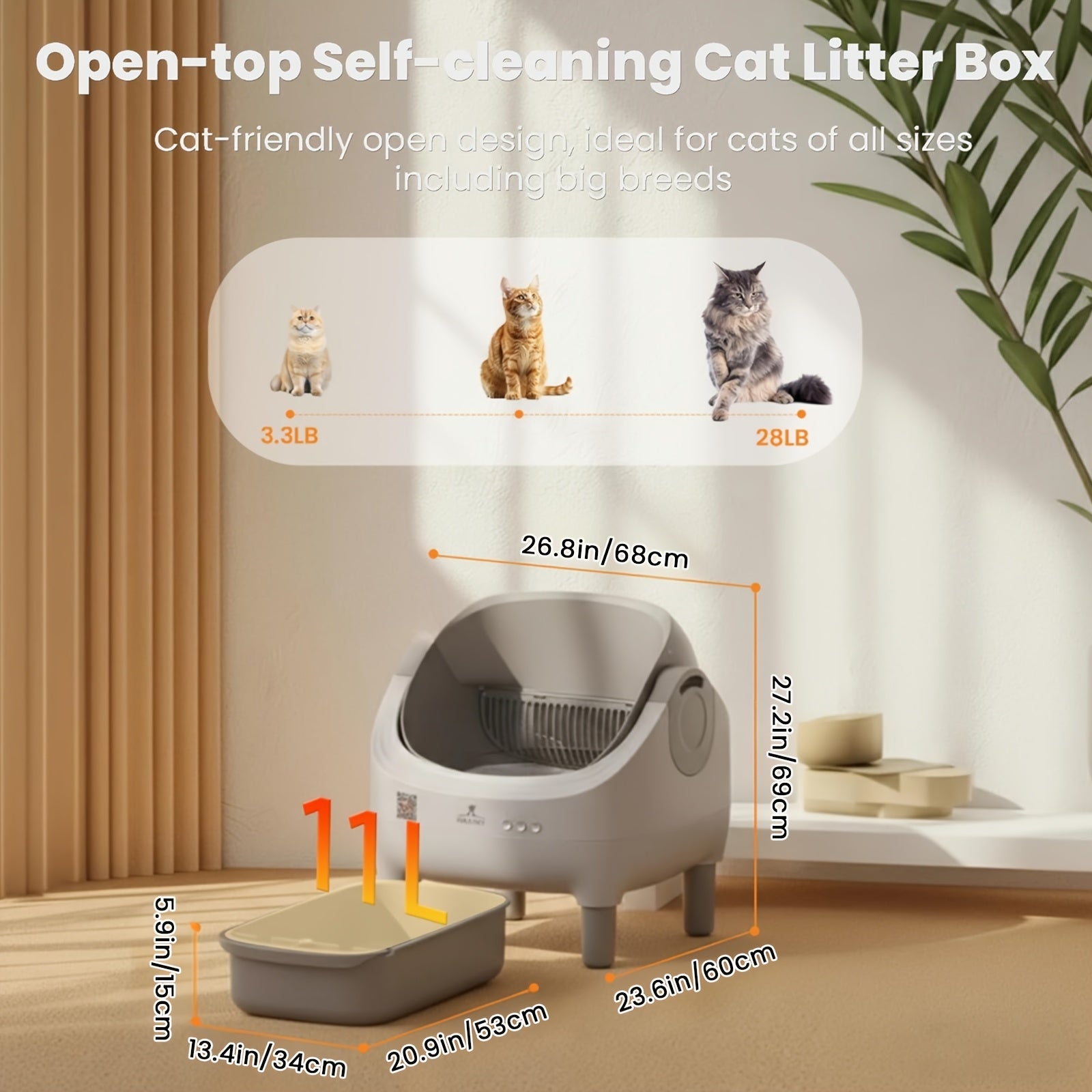 Automatic Litter Box Self Cleaning for Multiple Cats with Raised Step, Odor Control & Safety Protection & Smart App Control Health Monitoring & Quiet Operation, Open Top Large Capacity