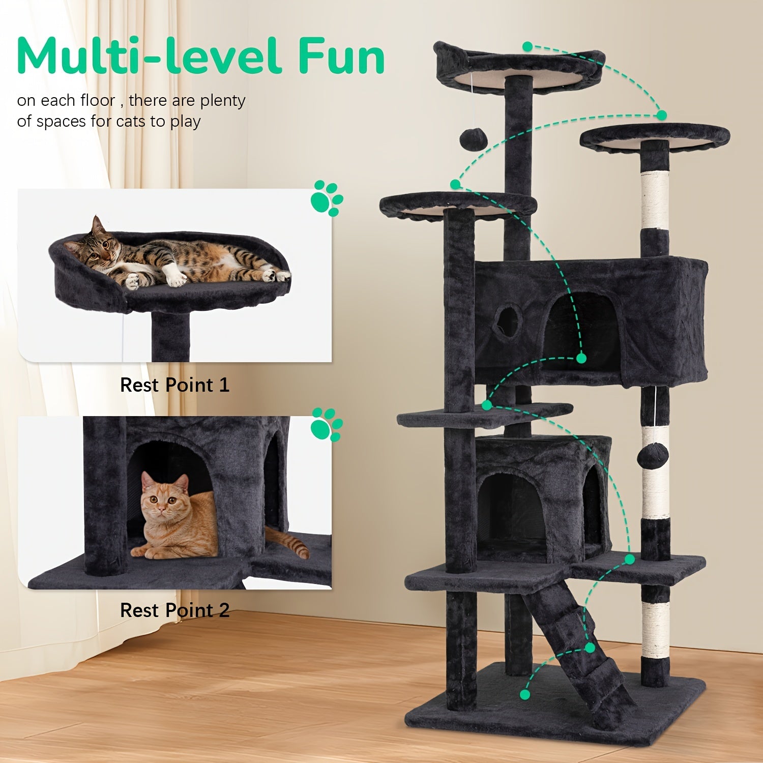 70\u002F54'' Cat Tree, Large Cat Tower Beautiful Perfect Gift for Cats, Multi-Level Furniture Activity Center with Scratching Post Stand House Apartment Fun Toy Kitten Pet Playhouse, Easy to Assemble, Gift