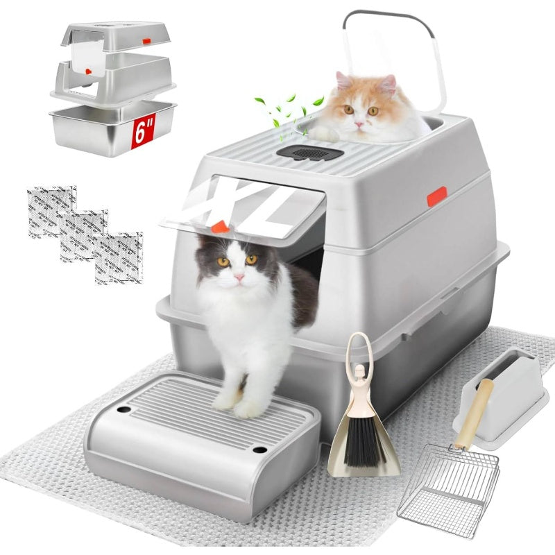 XL Large Heavy-Duty Stainless Steel Litter Box with Lid - Fully Enclosed 6-Sided Deep Tray, Leak-Proof Odor-Proof Design, Self-Cleaning Clumping Litter System (Includes Scooper Brush) for Multi- Households, Large Breeds & Cats