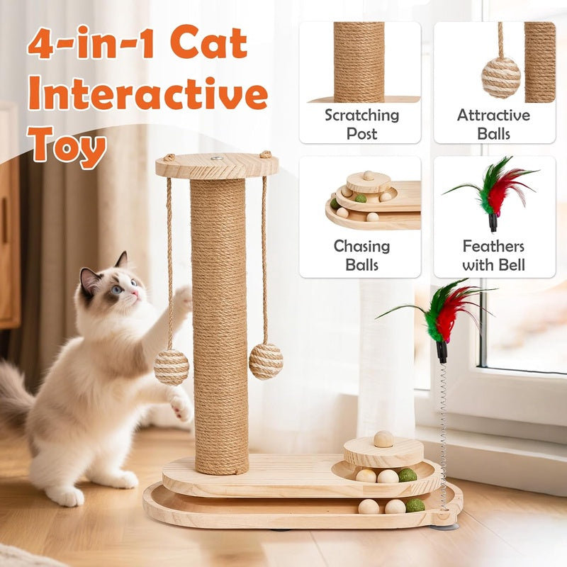 Indoor Cat Scratching Post - Two-Tier Ball Track Kitten Playset with Teasing Wand - Sisal Scratching Post Featuring Toy Balls