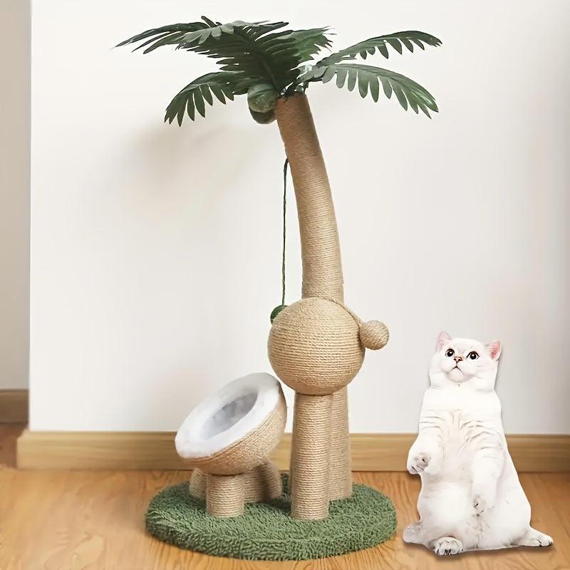 Tropical Palm Tree Cat Tower with Cozy Coconut Fiber Cat House, Sisal Rope Scratching Post & Hanging Toys - Ideal Activity Center for Indoor Cats
