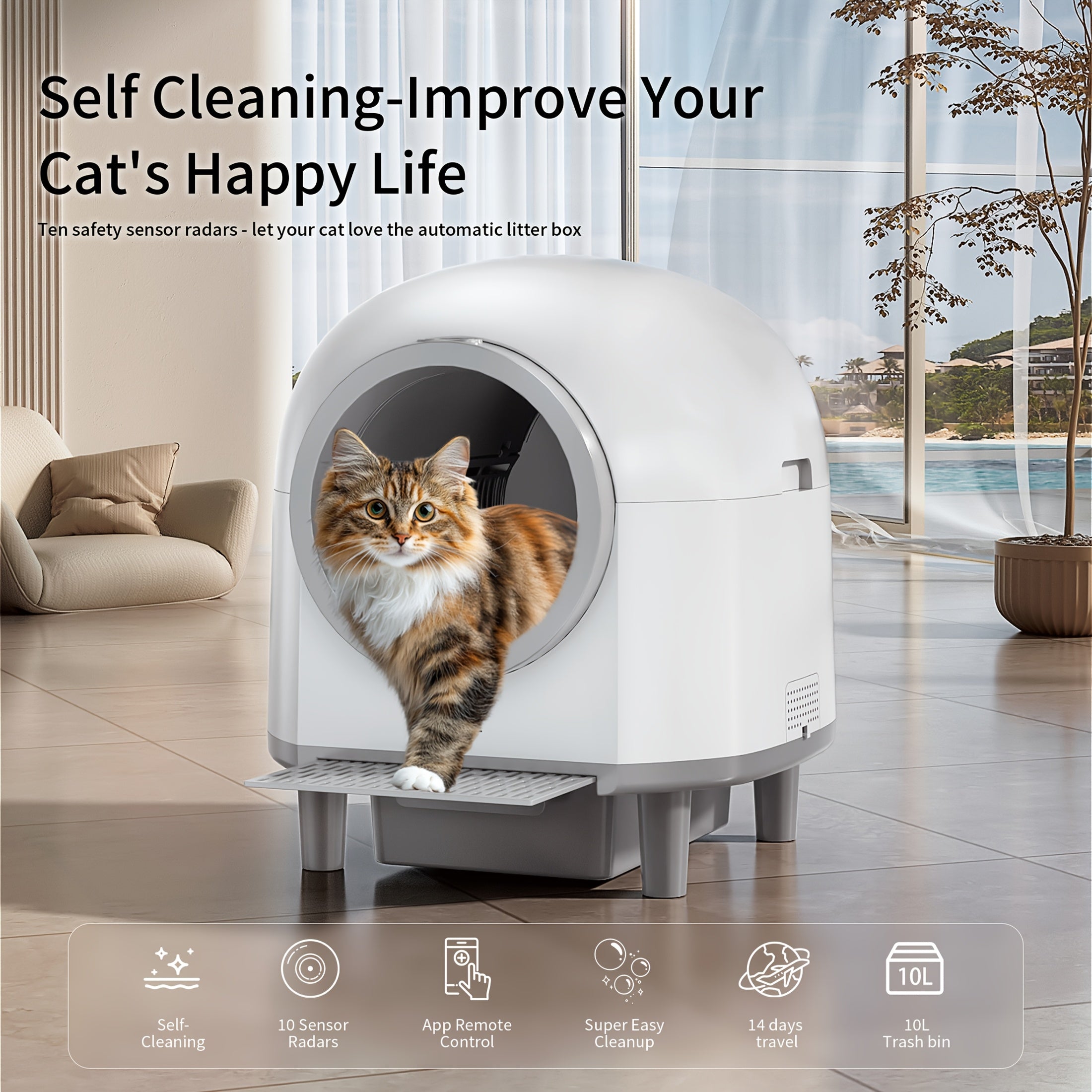 Automatic Self-Cleaning Cat Litter Box with 10 Safety Sensor Radars, 26.42gal Electric Litter Box with Stairs for Multiple Cats, APP-Control, Advanced Odor Control - Black\u002FWhite, Smart Litter Box, Pet Waste Management, Modern Pet Accessory, Durable P