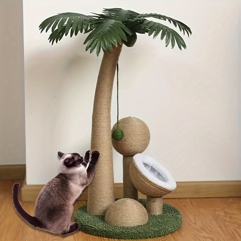 Tropical Palm Tree Cat Tower with Cozy Coconut Fiber Cat House, Sisal Rope Scratching Post & Hanging Toys - Ideal Activity Center for Indoor Cats