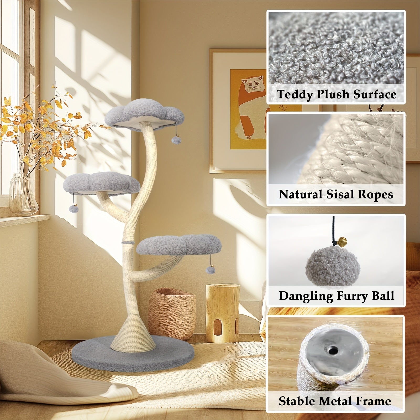 Sturdy Petal-Shaped Cat Tree Tower with Multi-Level Perches, Scratching Posts & Hanging Toys - Perfect for Cats to Climb, Play & Rest, Cat Tree Tower for Large Cats