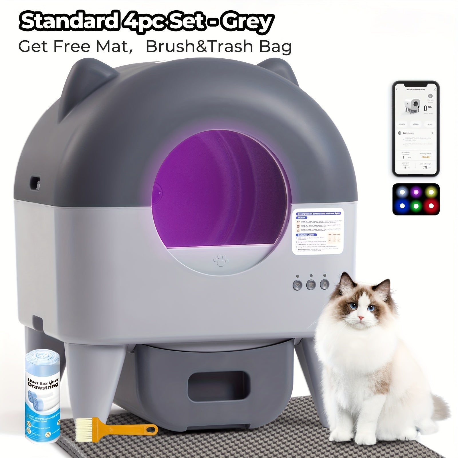 Self Cleaning Cat Litter Box With Garbage Bags - Extra Large Automatic Litter Box For Multiple Cats With Mat - Odor-Free Waste Disposal Litter Robot With App Control Ambient Light