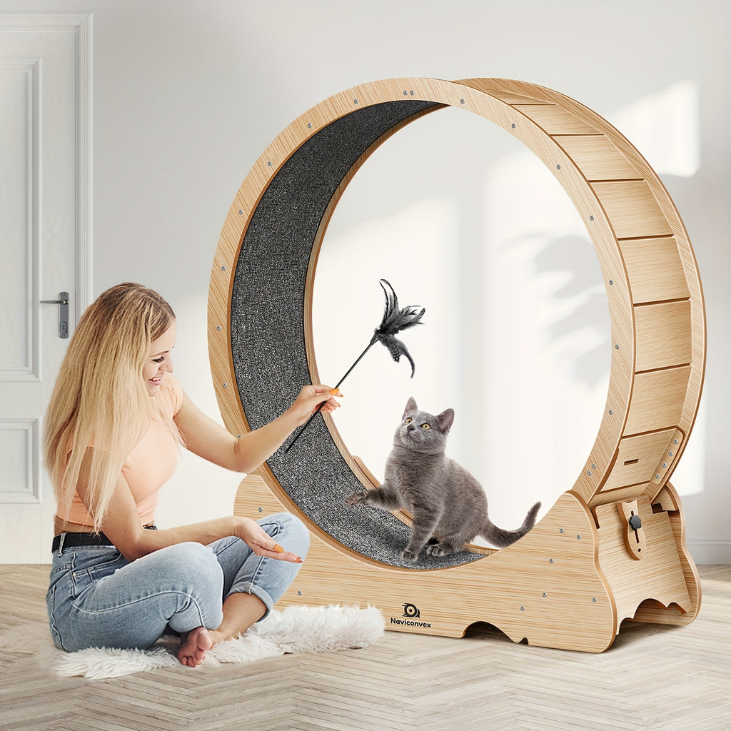 Naviconvex, Cat Toy, 45-Inch Large Cat Exercise Wheel, Silent Running Wheel, Indoor Cat Treadmill, XL Wooden Cat Treadmill With Carpeted Runway, Perfect Gift For Cat Lovers