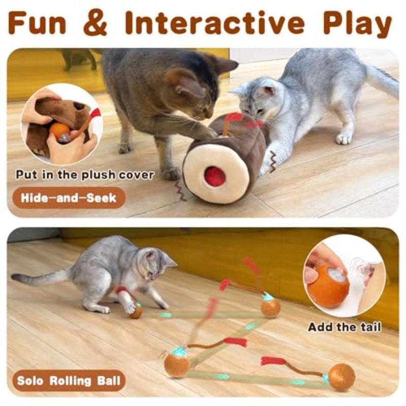 Interactive Cat Toy with Motion & Auto-Rolling Ball - Rechargeable Plush Burrow Mouse, Squeaky & Crinkle Sounds, 3-Mode Smart Puzzle Play for Indoor Cats, Self-Playing Wheeky Ball for Kittens (Type-C)