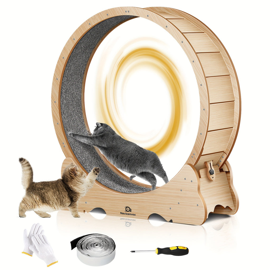 Naviconvex, Cat Toy, 45-Inch Large Cat Exercise Wheel, Silent Running Wheel, Indoor Cat Treadmill, XL Wooden Cat Treadmill With Carpeted Runway, Perfect Gift For Cat Lovers