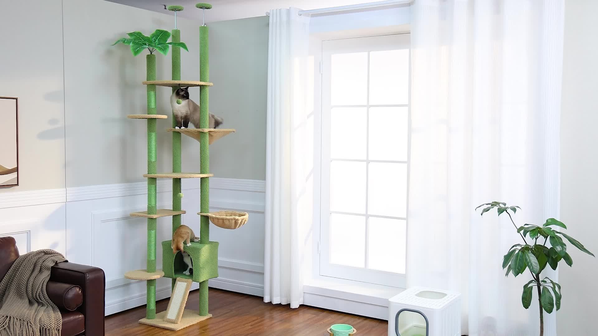 Adjustable 90.5''-100.4'' (230-252CM) Tall Cat Tree, Floor To Ceiling Cat Tree Tower With Cat Condo, Large Cat Tree For Indoor, Cat Hammock And Scratching Post, Cat Climbing Tree For Indoor Large Cats, Replacement Ball, Green, Brown, Pink, Black