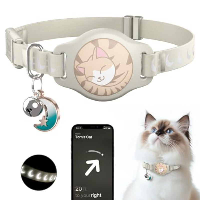 Breakaway Cat Collar with Apple AirTag Holder - Waterproof GPS Tracker, Luminous & Reflective Safety Design, Adjustable Smart Collar with Bell & Khaki Color for Indoor\u002FOutdoor Cats & Kittens (Compatible with for iphone Tracking)