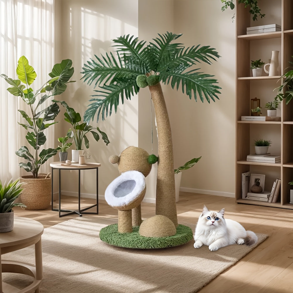 Tropical Palm Tree Cat Tower with Cozy Coconut Fiber Cat House, Sisal Rope Scratching Post & Hanging Toys - Ideal Activity Center for Indoor Cats