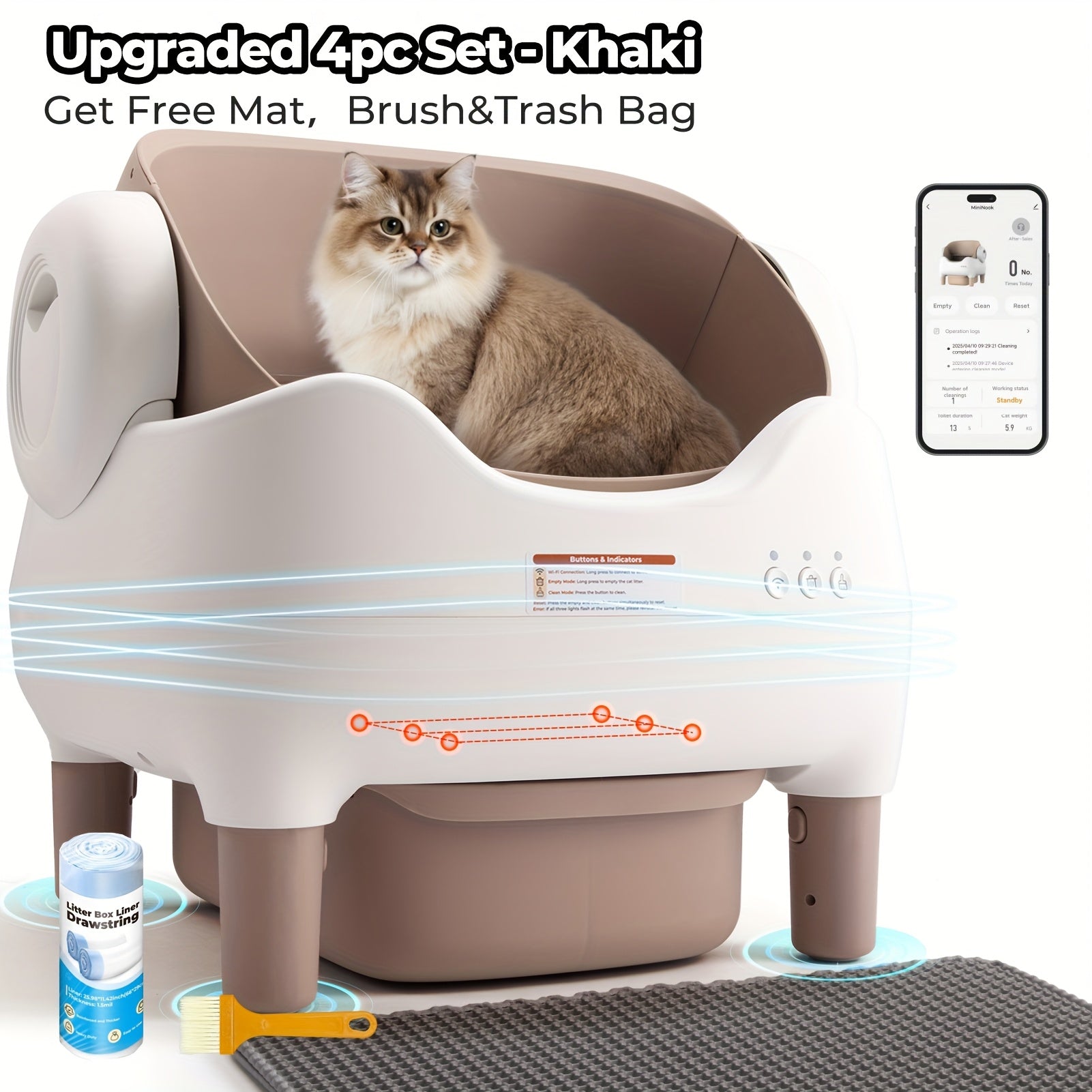 Self Cleaning Cat Litter Box With Garbage Bags - Extra Large Automatic Litter Box For Multiple Cats With Mat - Odor-Free Waste Disposal Litter Robot With App Control Ambient Light