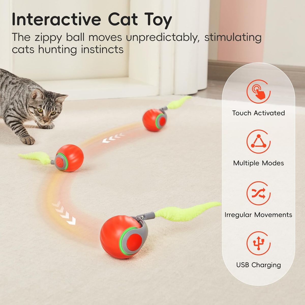 Potaroma Smart Self-Moving Cat Toy with Feather Tail - Rechargeable Interactive Robotic Rolling Ball, Two-Speed & Touch Modes, ABS\u002F Indoor Exercise Ball for Kittens & Cats, - Autonomous Hunting Play (Orange