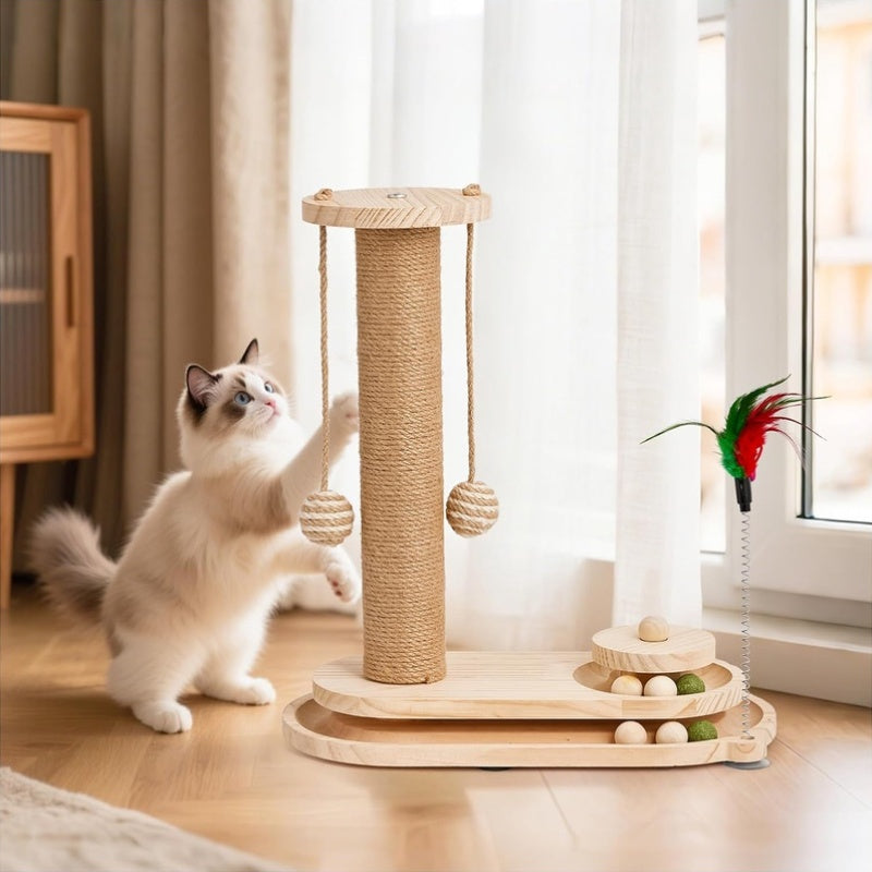 Indoor Cat Scratching Post - Two-Tier Ball Track Kitten Playset with Teasing Wand - Sisal Scratching Post Featuring Toy Balls
