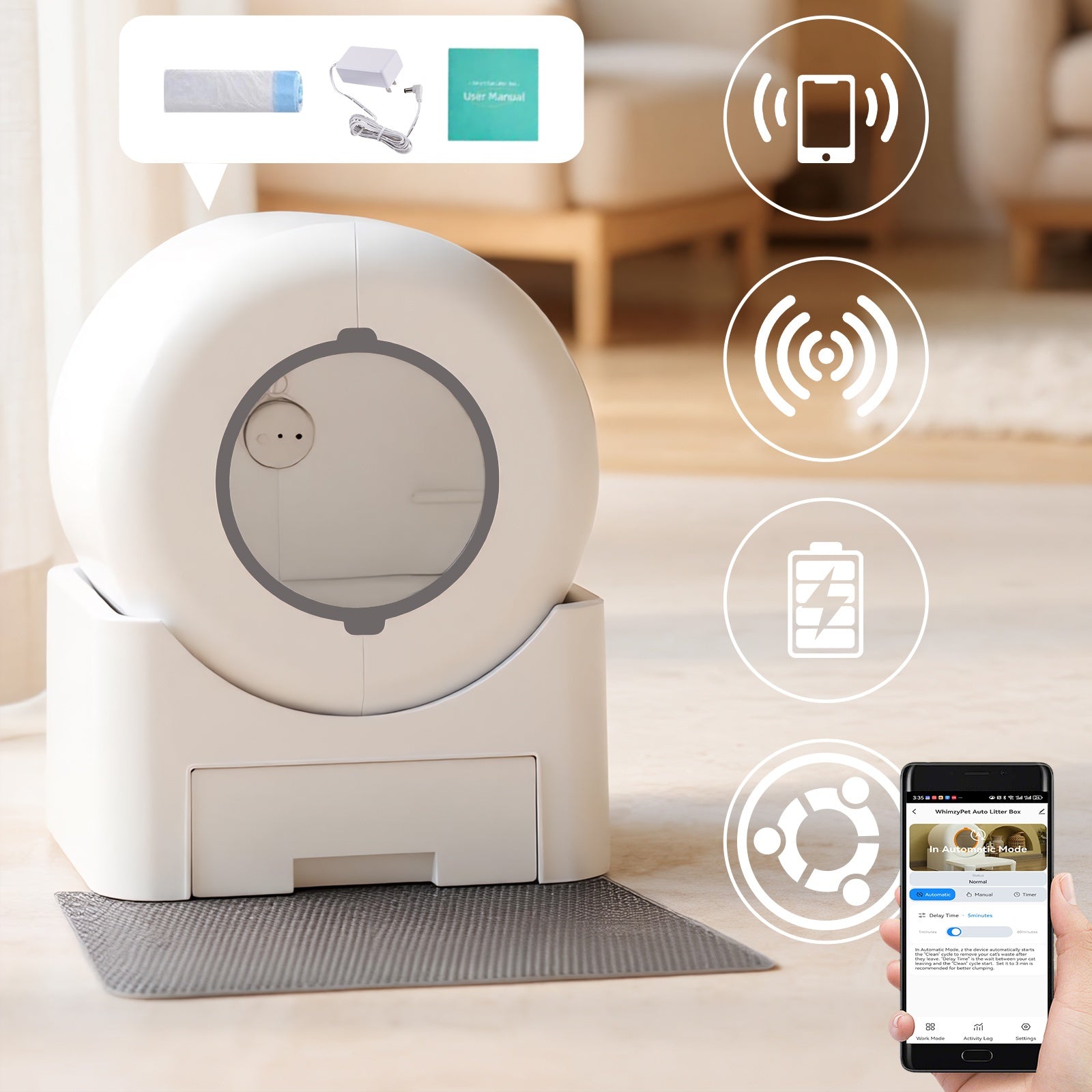 Smart Self-Cleaning Litter Box Pro 71L XL Capacity - APP\u002FWiFi Control, Odorless, Anti-Pinch Safety, Quiet, All Cat Litters Compatible, Includes Waste Bags and Mat, Suitable for Multi-Cat Homes, Quiet Pet Care, Sleek Pet Accessory, Highquality Build,