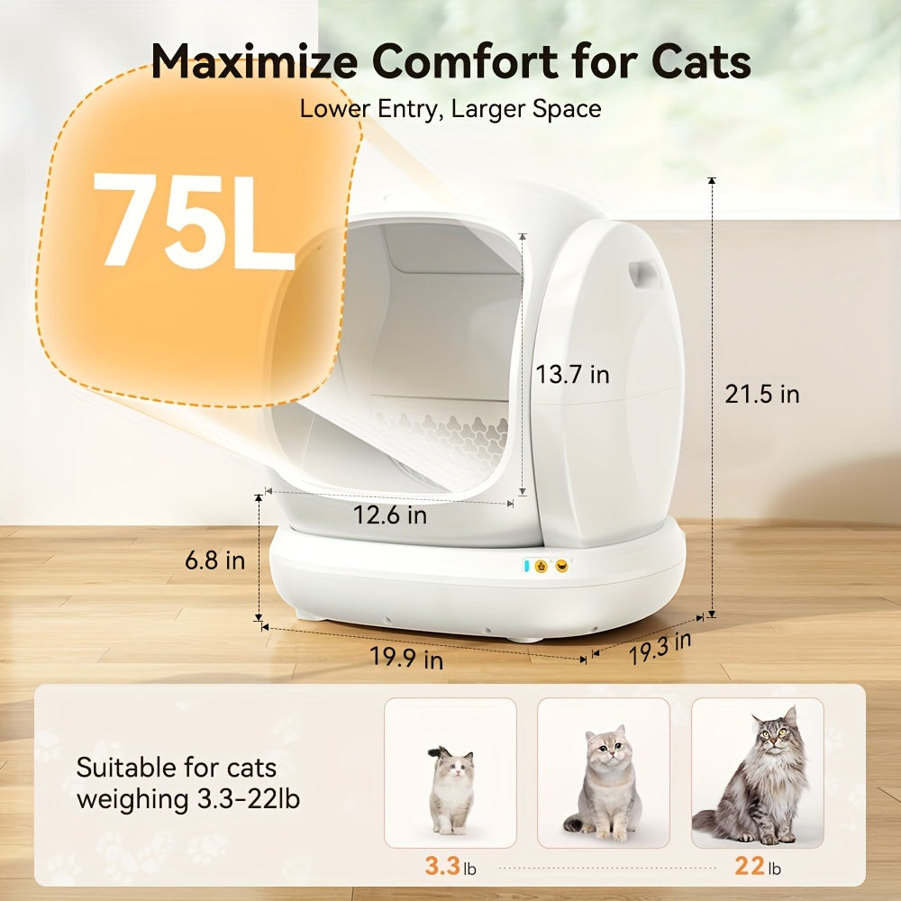 Self Cleaning Litter Box, Automatic Cat Litter Box Self Cleaning For Multiple Cats, Odor Removal Anti Pinch Kitty Litter Box, APP Control Smart Litter Box With Liners Bags, Without Battery