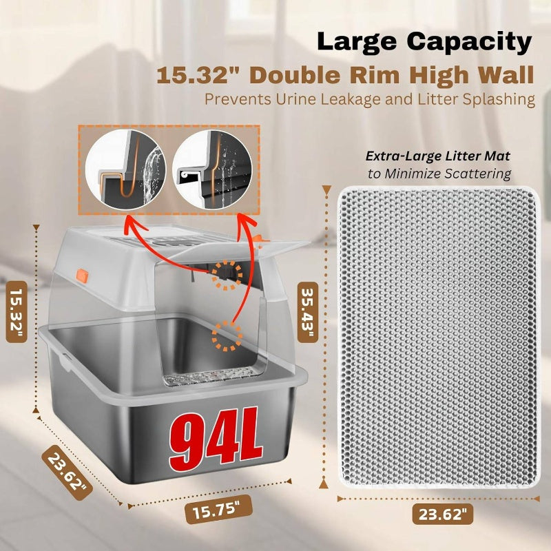 XL Large Heavy-Duty Stainless Steel Litter Box with Lid - Fully Enclosed 6-Sided Deep Tray, Leak-Proof Odor-Proof Design, Self-Cleaning Clumping Litter System (Includes Scooper Brush) for Multi- Households, Large Breeds & Cats