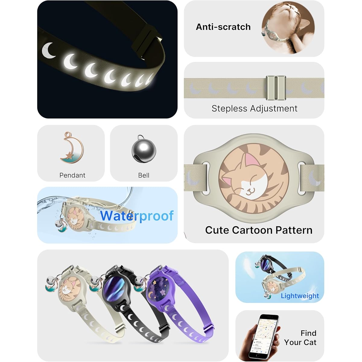 Breakaway Cat Collar with Apple AirTag Holder - Waterproof GPS Tracker, Luminous & Reflective Safety Design, Adjustable 8-12\