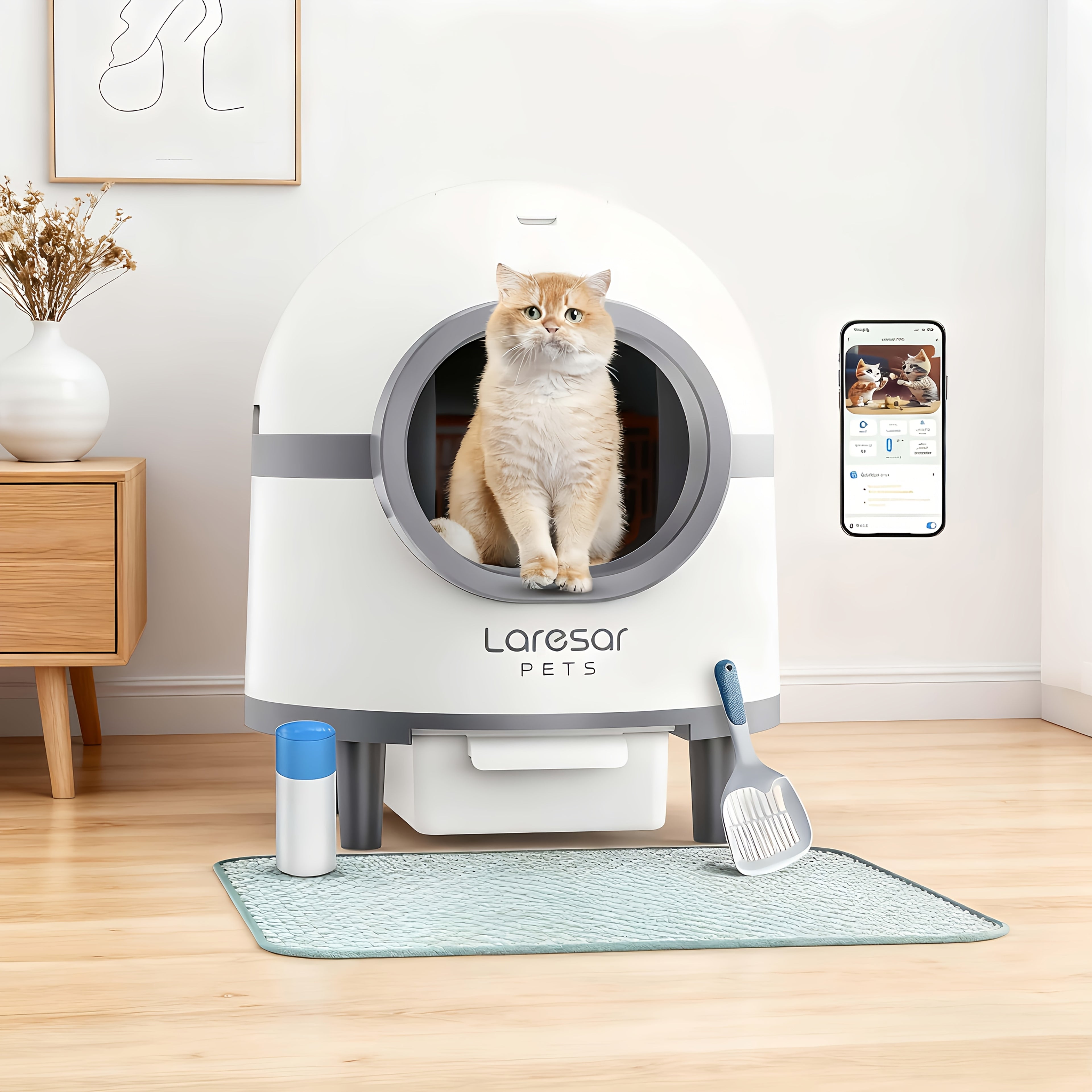 18.49gal Large Automatic Self-Cleaning Cat Litter Box with App Control, USB-Powered Smart Litter Box with Low-Noise Operation, Dual Deodorization System, Safety Sensors & -Tip Design, Includes Mat & Waste Bags - Ideal for Multi-Cat Households