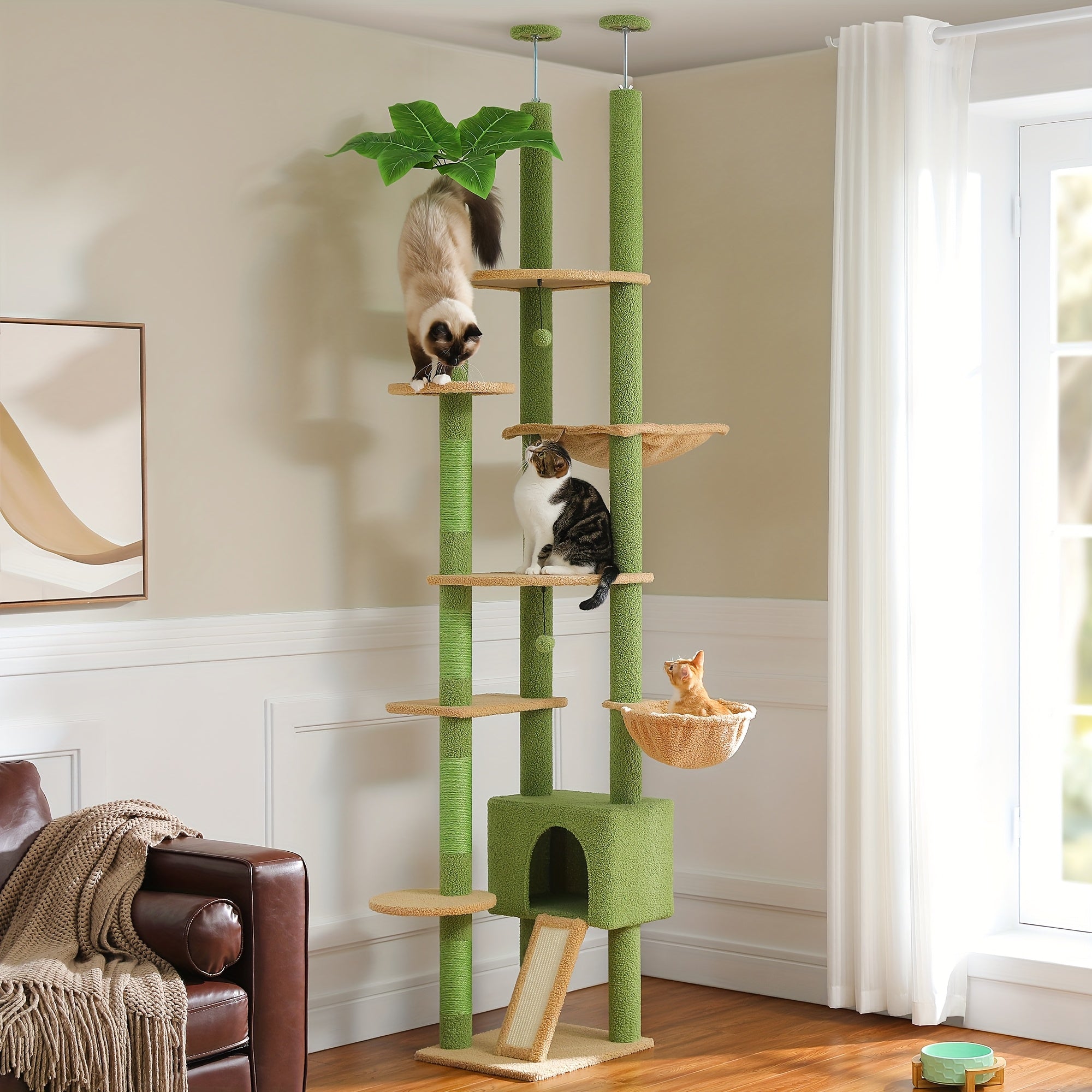 Adjustable 90.5''-100.4'' (230-252CM) Tall Cat Tree, Floor To Ceiling Cat Tree Tower With Cat Condo, Large Cat Tree For Indoor, Cat Hammock And Scratching Post, Cat Climbing Tree For Indoor Large Cats, Replacement Ball, Green, Brown, Pink, Black