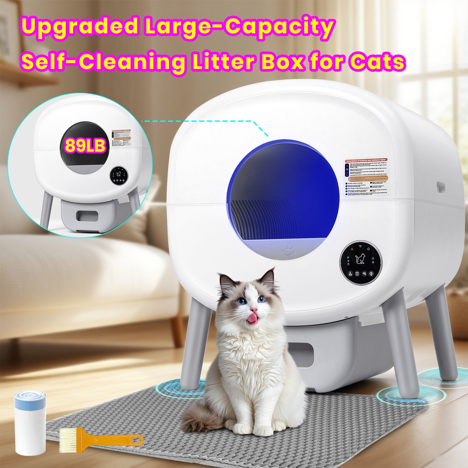 Self Cleaning Cat Litter Box With Garbage Bags - Extra Large Automatic Litter Box For Multiple Cats With Mat - Odor-Free Waste Disposal Litter Robot With App Control Ambient Light