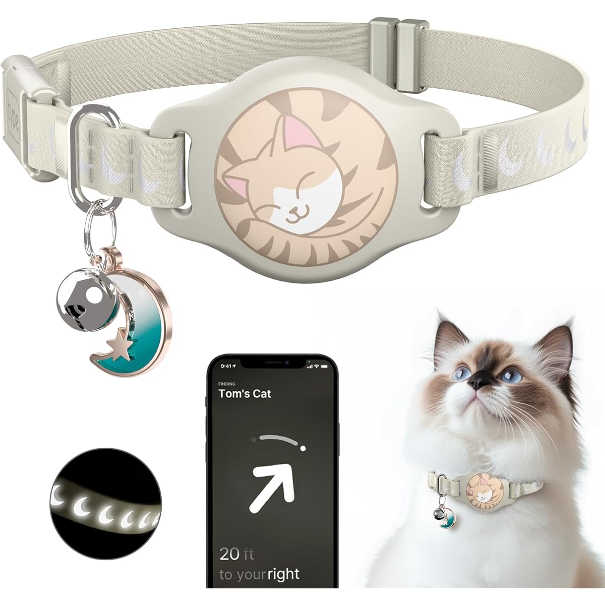 Breakaway Cat Collar with Apple AirTag Holder - Waterproof GPS Tracker, Luminous & Reflective Safety Design, Adjustable 8-12\