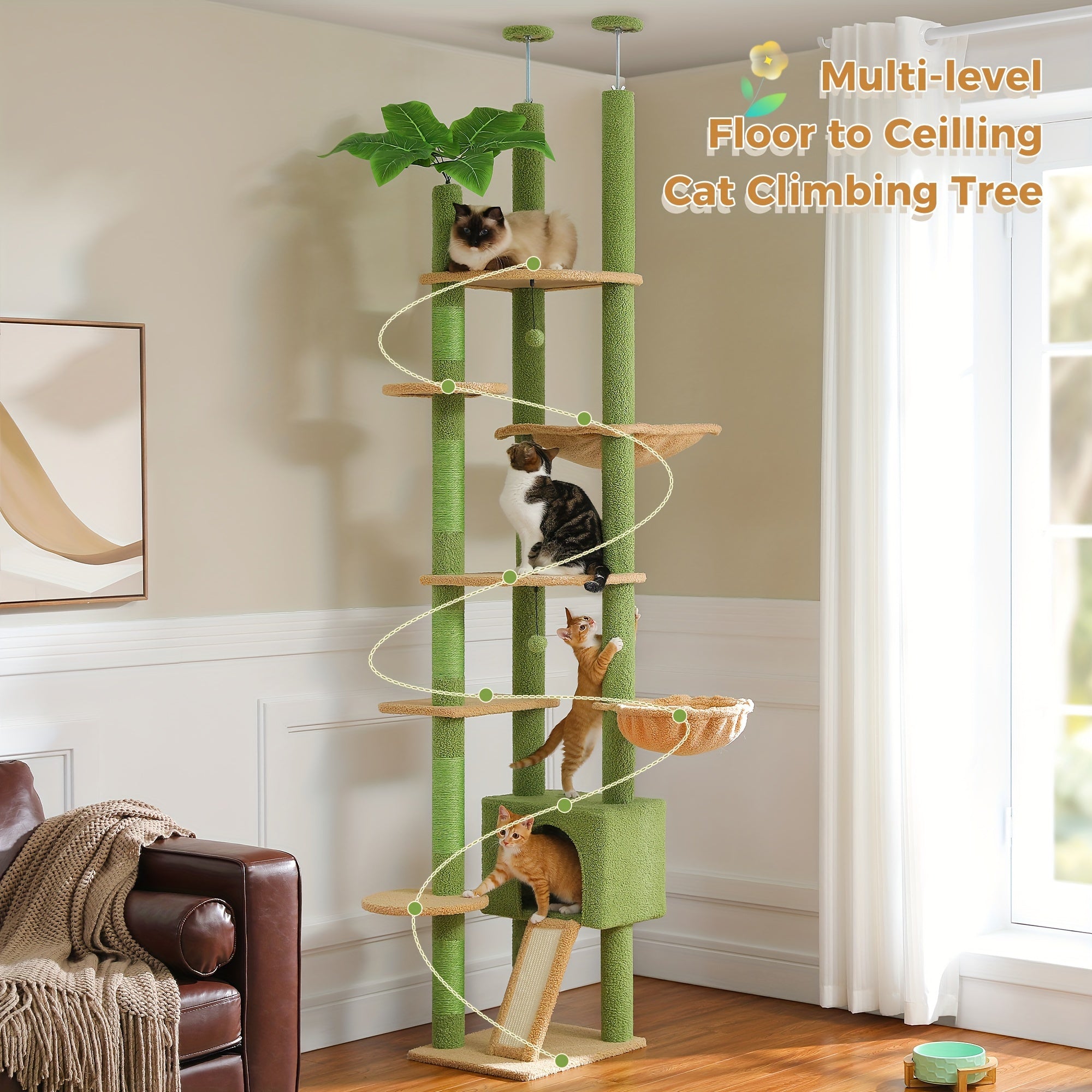 Adjustable 90.5''-100.4'' (230-252CM) Tall Cat Tree, Floor To Ceiling Cat Tree Tower With Cat Condo, Large Cat Tree For Indoor, Cat Hammock And Scratching Post, Cat Climbing Tree For Indoor Large Cats, Replacement Ball, Green, Brown, Pink, Black