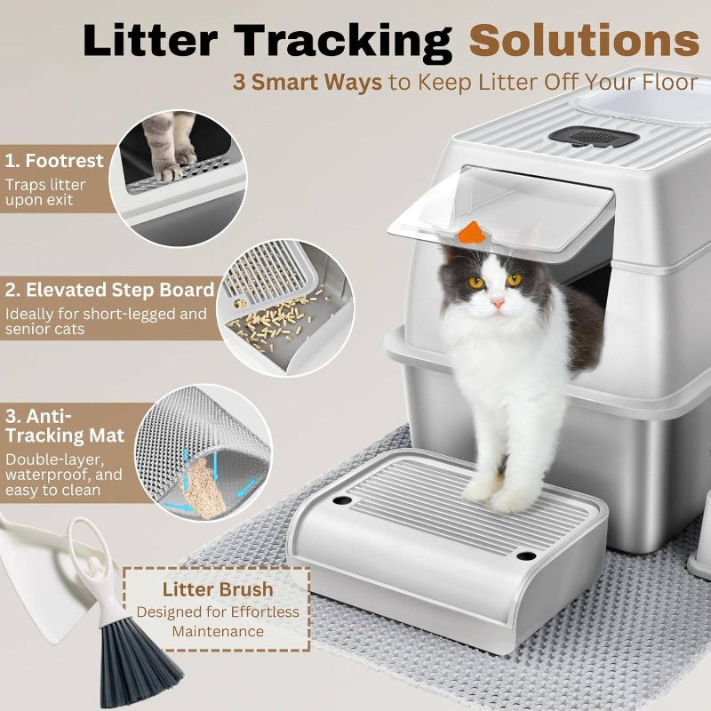 XL Large Heavy-Duty Stainless Steel Litter Box with Lid - Fully Enclosed 6-Sided Deep Tray, Leak-Proof Odor-Proof Design, Self-Cleaning Clumping Litter System (Includes Scooper Brush) for Multi- Households, Large Breeds & Cats