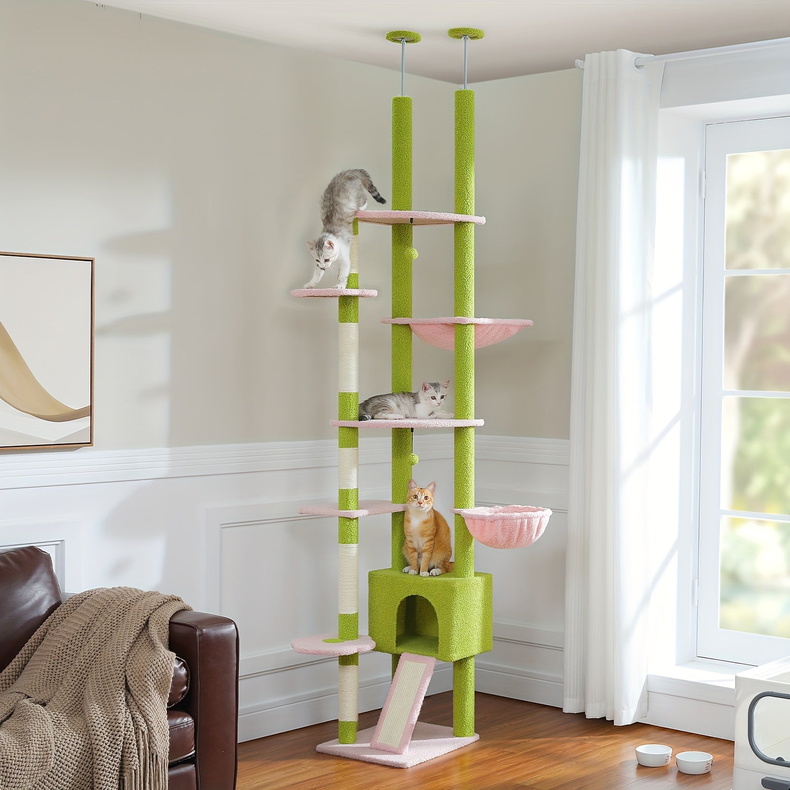 Adjustable 90.5''-100.4'' (230-252CM) Tall Cat Tree, Floor To Ceiling Cat Tree Tower With Cat Condo, Large Cat Tree For Indoor, Cat Hammock And Scratching Post, Cat Climbing Tree For Indoor Large Cats, Replacement Ball, Green, Brown, Pink, Black