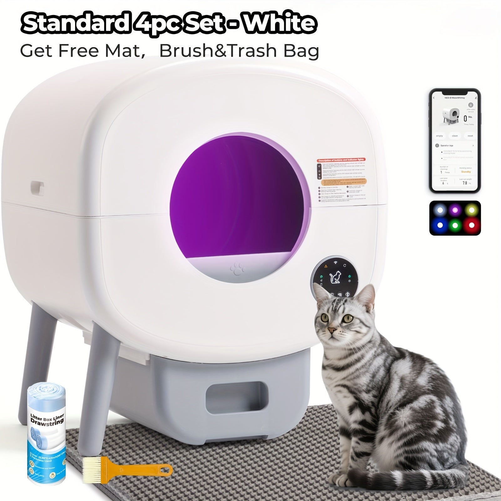 Self Cleaning Cat Litter Box With Garbage Bags - Extra Large Automatic Litter Box For Multiple Cats With Mat - Odor-Free Waste Disposal Litter Robot With App Control Ambient Light