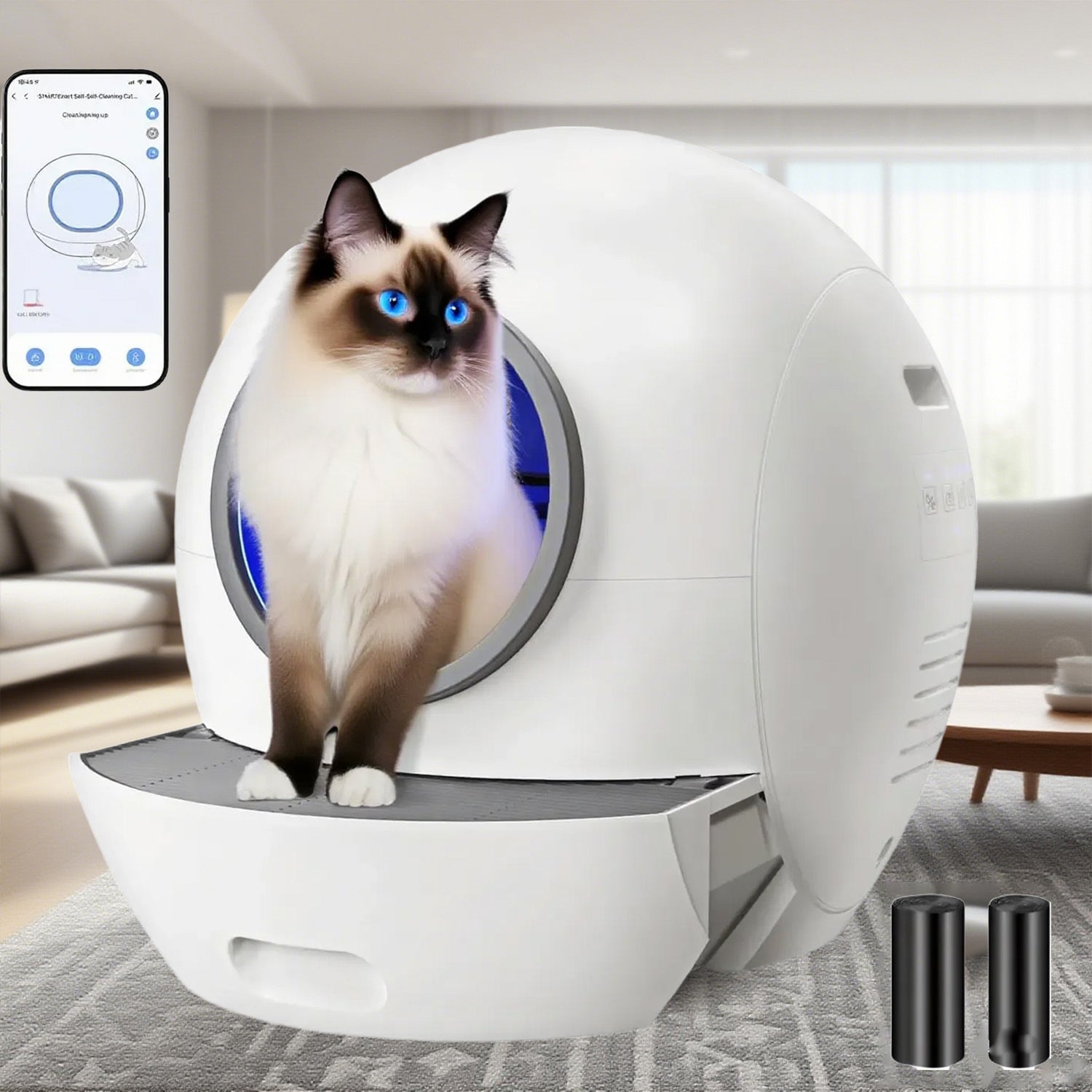 Self-Cleaning Automatic Cat Litter Box with 15.85gal Extra Large Capacity, Scoop-Free Operation, Odor Removal & Anti-Pinch Safety, USB-Powered Smart Litter Box with App Control, Low Voltage (36V) for Multi-Cat Households, Modern White Design with Automati