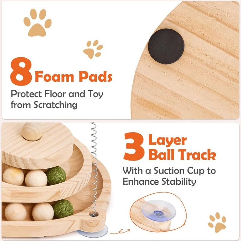 Indoor Cat Scratching Post - Two-Tier Ball Track Kitten Playset with Teasing Wand - Sisal Scratching Post Featuring Toy Balls